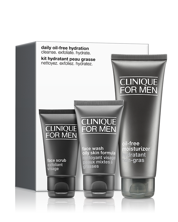 Clinique For Men Daily Oil-Free Hydration Set, Dagelijkse huidverzorgingsset voor mannen met aangepaste formules om de vettere huid te helpen balanceren en verfrissen.